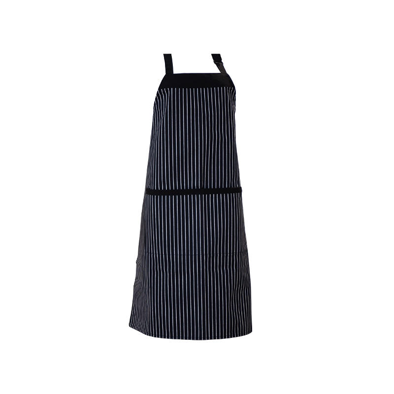 Black and white striped polyester/cotton neck apron with pockets and adjustable buttons