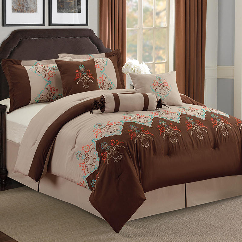 Cherry Brown Beige Brushed Fabric Embroidered Comforter