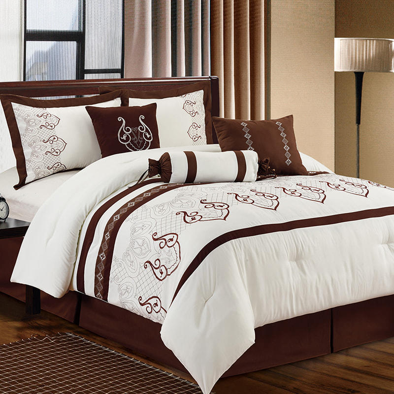 Penny White With Brown Stripe Brushed Fabric Embroidered Comforter