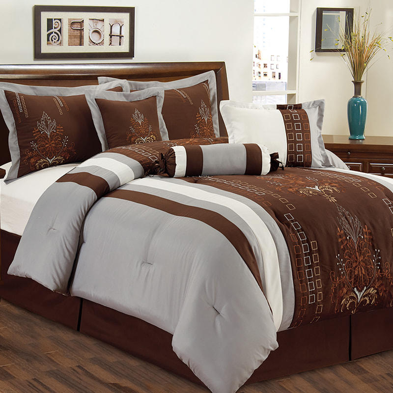 Victoria Brown Gray Brushed Fabric Embroidered Comforter