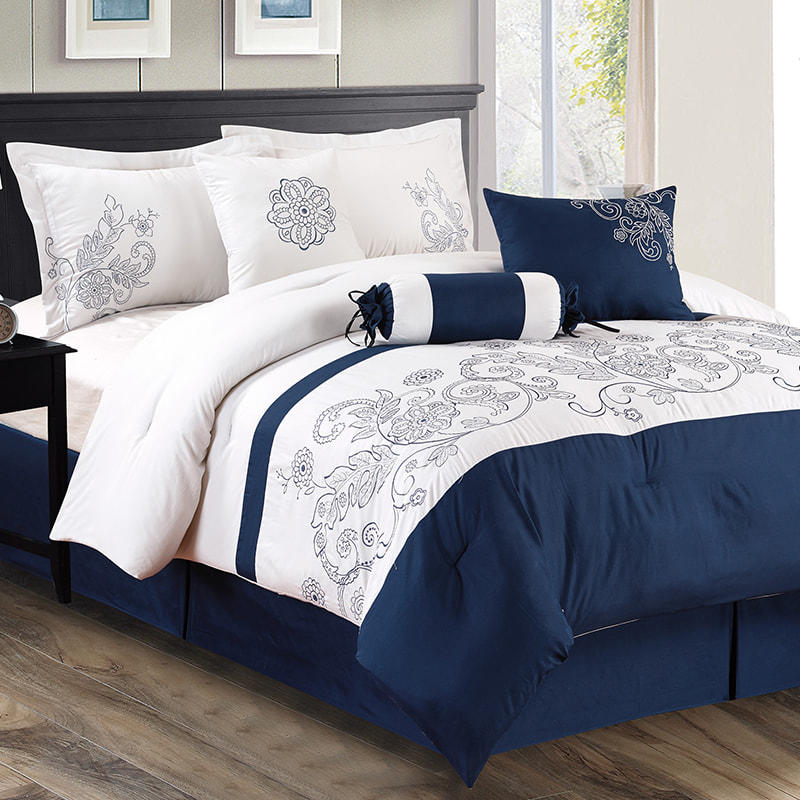 Jessica Dark Blue On White Brushed Fabric Embroidered Comforter