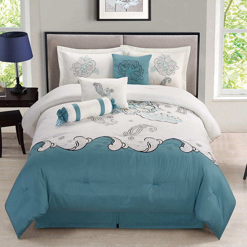 Gemma Blue and White Brushed Fabric Embroidered Comforter