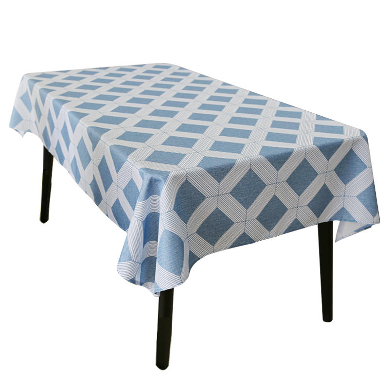 White Geometric Print Tablecloth On Blue Background